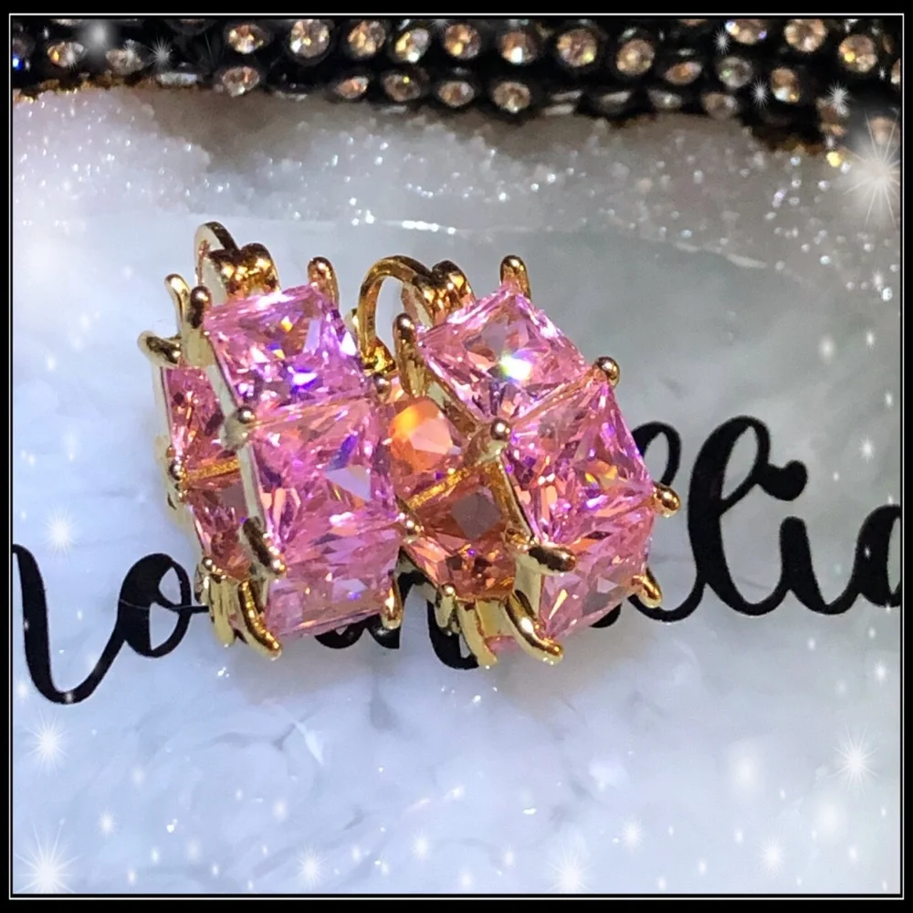 New 14k gold & pink 8g square princess simulated diamond chunky huggie earrings